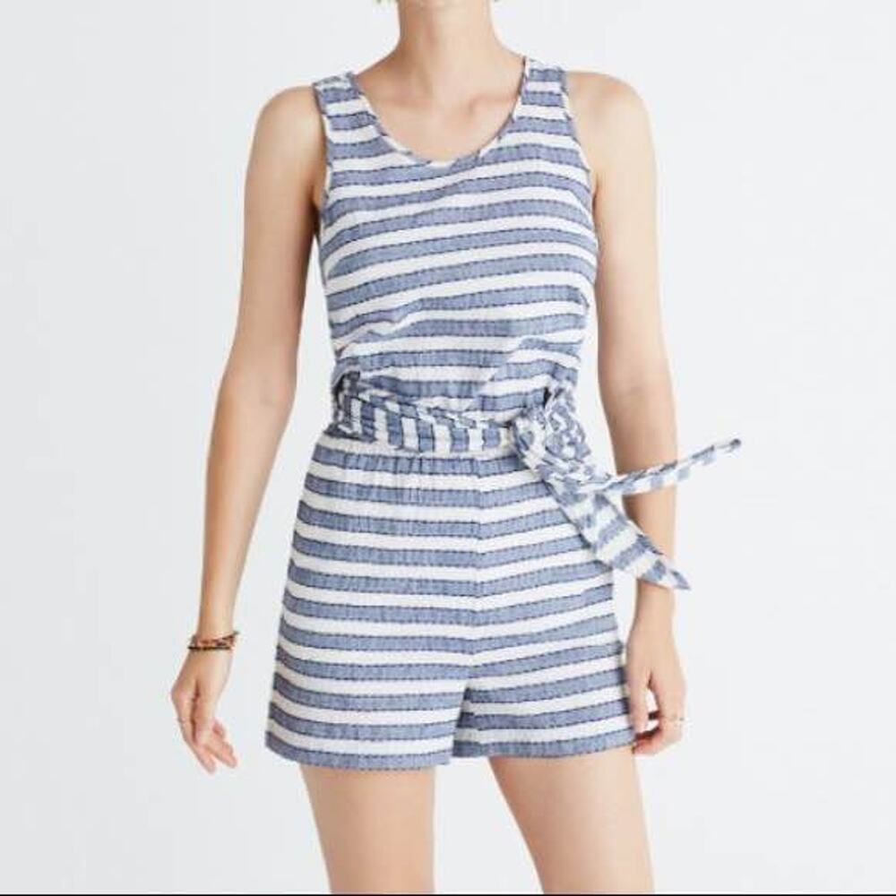 Madewell Women’s Medium Stripped Blue Cream Criss Cross Tie Romper